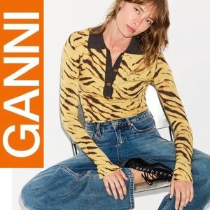 🆕 Ganni Merino Jacquard Tiger Polo Sweater Long Sleeve Top
